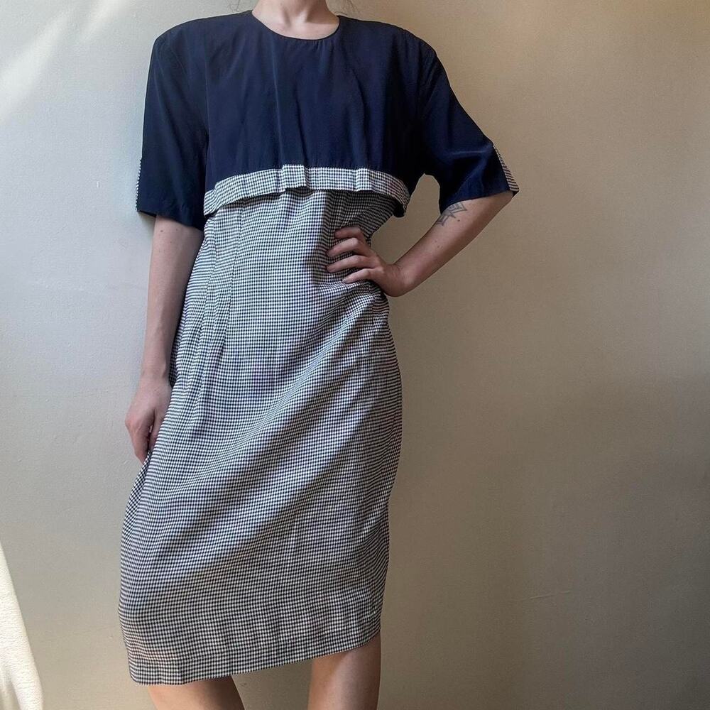 Vintage Casual Corner Navy Blue Check Plaid Dress Size 8